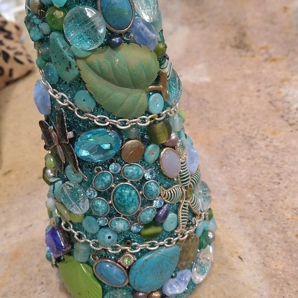 Vintage decor repurposed jewelry Christmas tree blue aqua green 10